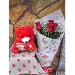 Ανθοδέσμη με 5 κόκκινα τριαντάφυλλα και αρκουδάκι