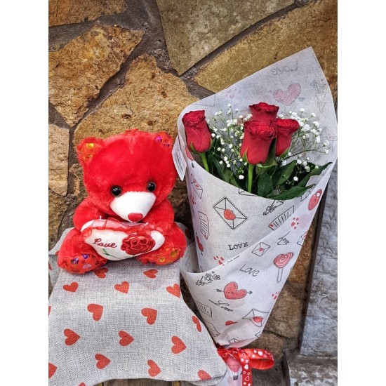 Ανθοδέσμη με 5 κόκκινα τριαντάφυλλα και αρκουδάκι