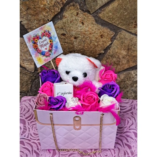 Τσαντάκι με soap roses και stick Σ'αγαπώ Μα΄μά
