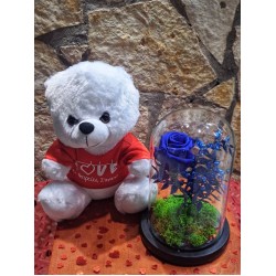 For Ever Roses Μπλε σε καμπάνα Medium και λευκό αρκουδάκι