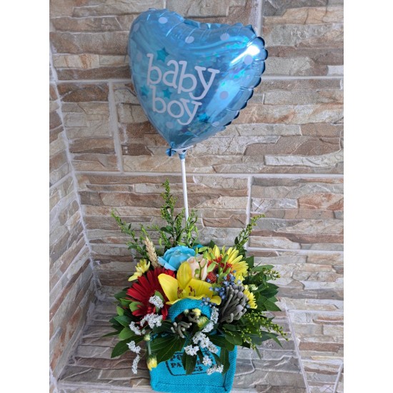 Τσαντάκι μπλε με άνθη και μπαλόνι