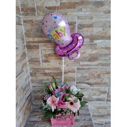 Τσαντάκι ροζ για τη γέννηση κοριτσιού με μπαλόνι
